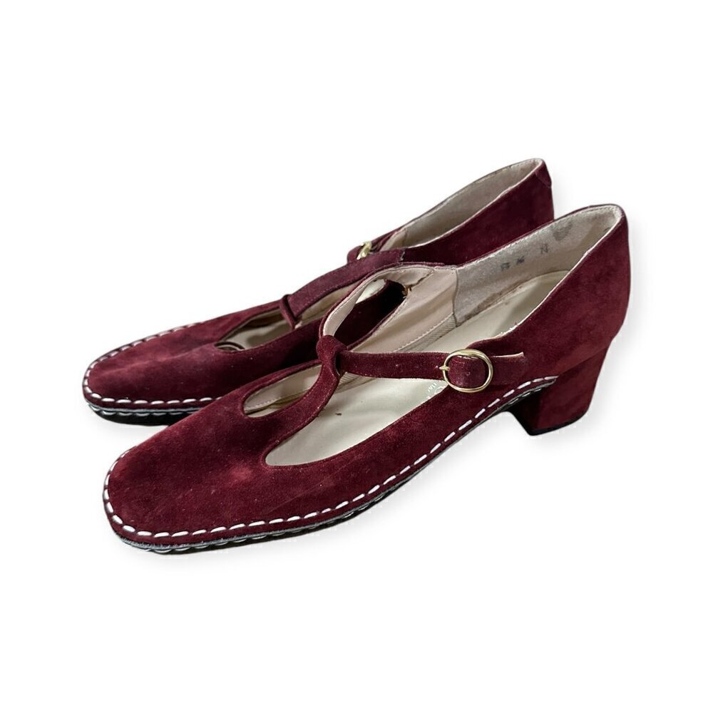 Vintage Andrew Geller Burgundy Suede T Strap Mod Pumps. From 60-70s, Size 8.5 N.